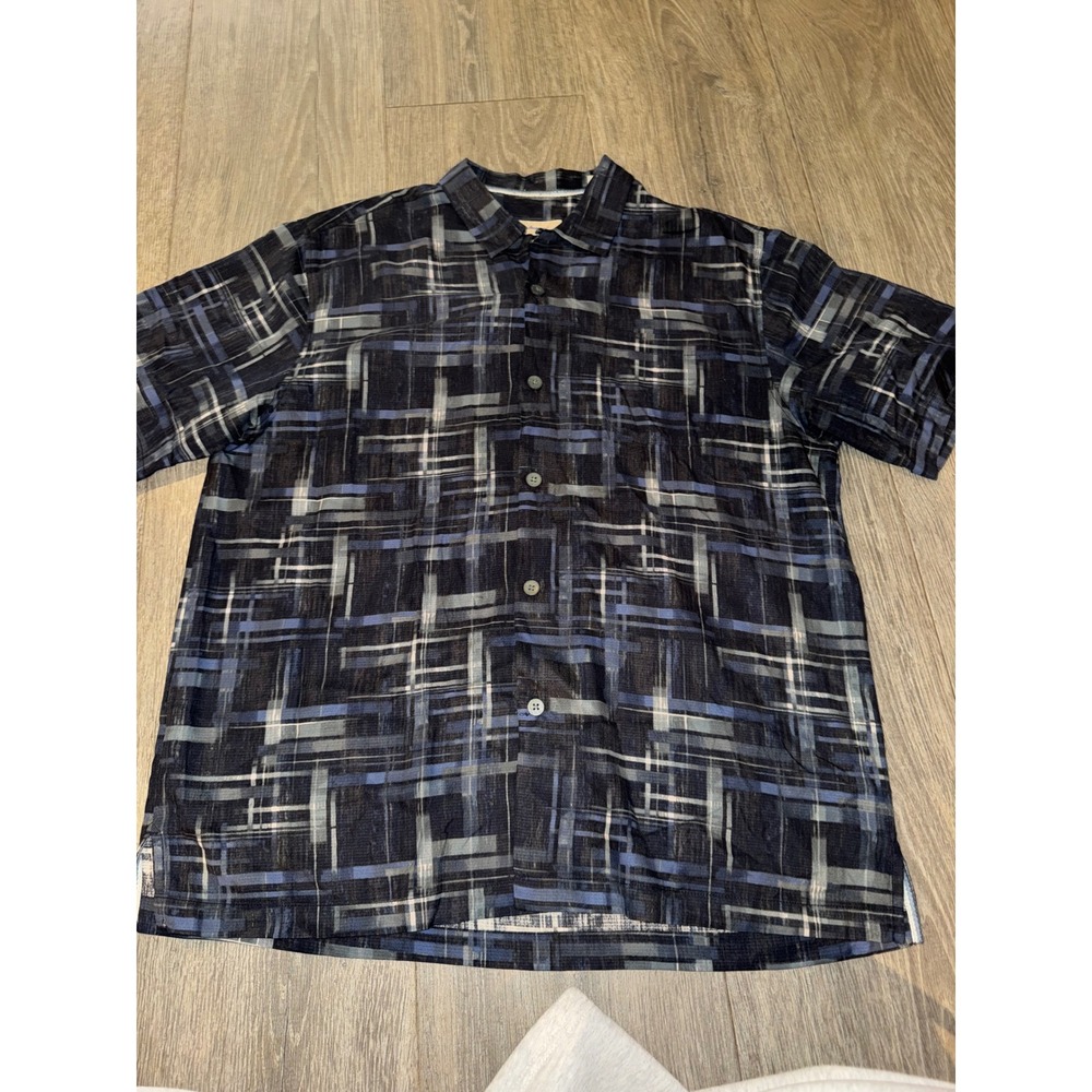 Tommy Bahama Mens Large 100% Silk Blue Geometric Abstract Plaid Button Shirt